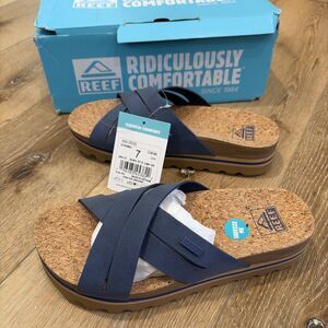 Reef Women's Navy Cork Cross-Band Slide Sandals